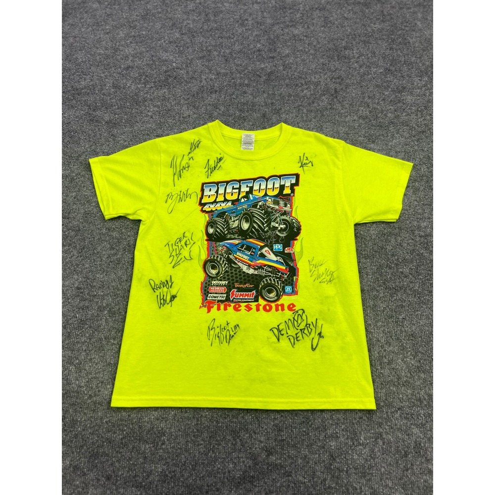 Gildan Bigfoot 4x4x4 Monster Truck Neon Yellow Graphic Tee Kids Size M Signed